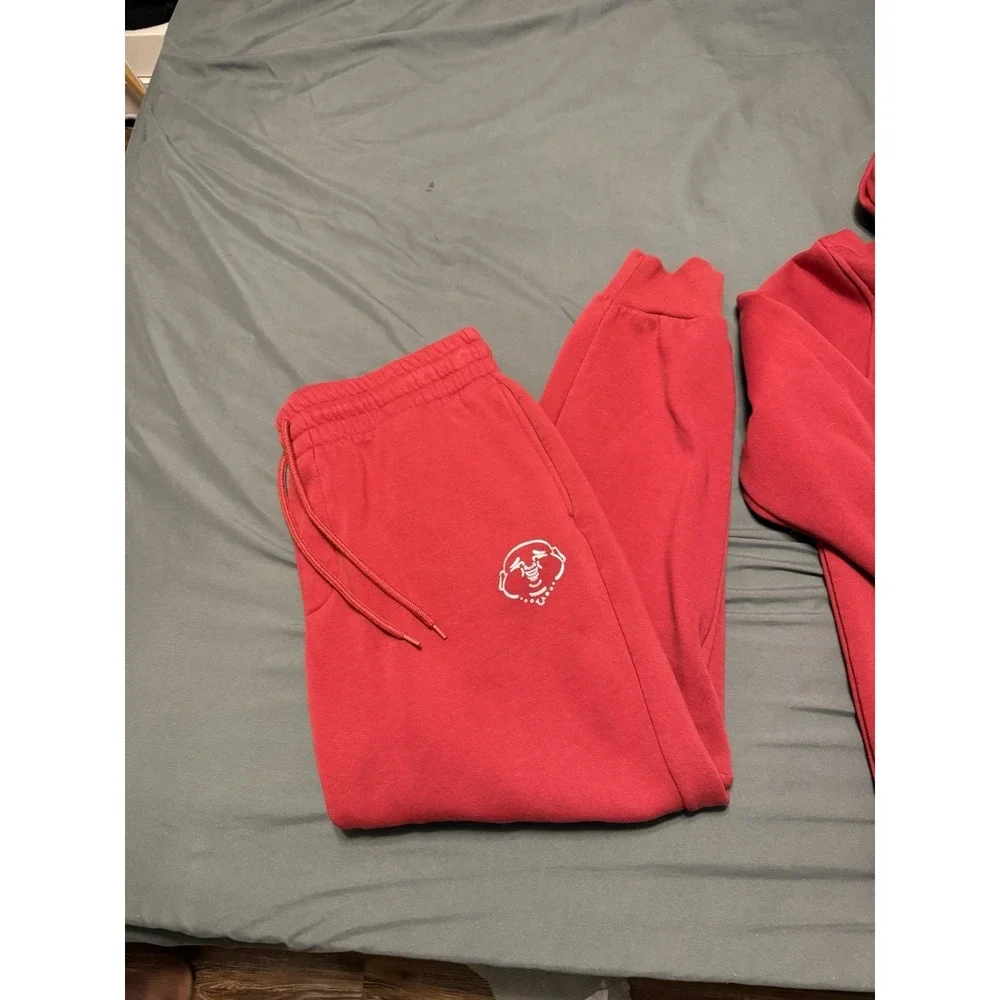 True Religion Men's Large‎ Sweatsuit Set Jogger and Pullover Hoodie, Red, Buddha